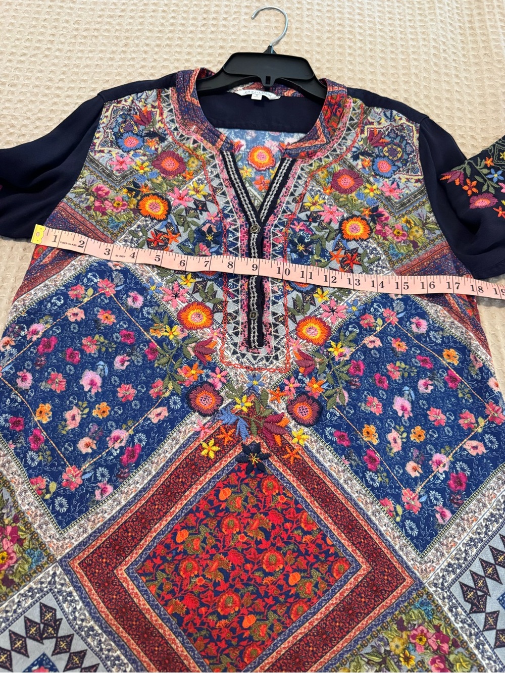John Mark Embroidered Boho Floral Patchwork 3/4 Sleeve Blouse Tunic Top Size S - Picture 4 of 13